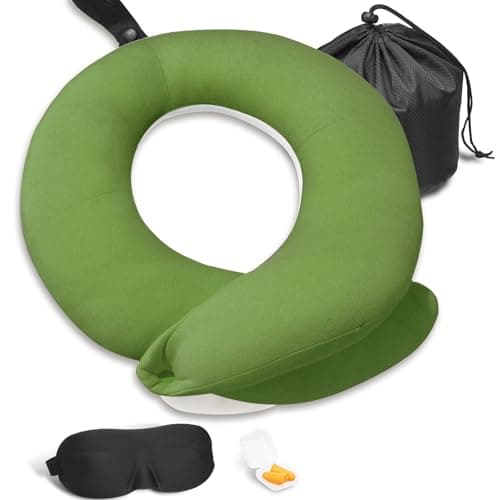 BUYUE Travel Neck Pillows for Airplanes, 360° Head Support Sleep for Long Flight, Skin-Friendly & Breathable, Kit with 3D Contoured Eye Mask, Earplugs and Storage Bag (Large, Green, 90+ lbs)