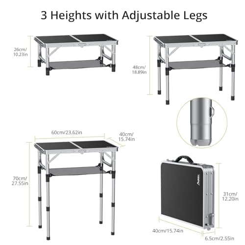 Anbte Folding Camping Table with Storage Net, 3 Adjustable Heights Aluminum Picnic Table, 2ft Portable Table Waterproof Lightweight, for Outdoor Indoor Garden Beach Backyard, 60cm x 40cm, black — view 3