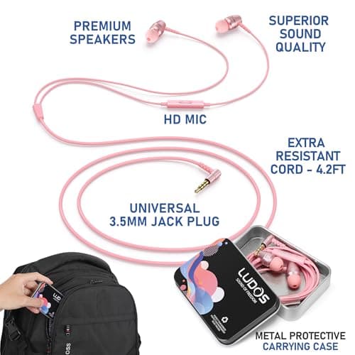 Ludos OMNITONE Wired Earbuds in-Ear Headphones, Earphones with Microphone, 5 Years Warranty, Noise Isolation Corded for 3.5mm Jack Ear Buds for iPhone, iPad, Samsung, Laptop, Gaming, Sports - Pink — view 2
