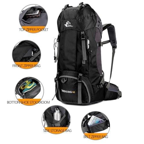 Bseash 60L Waterproof Hiking Camping Backpack with Rain Cover, Lightweight Outdoor Sport Travel Daypack Rucksack for Climbing Skiing — view 2