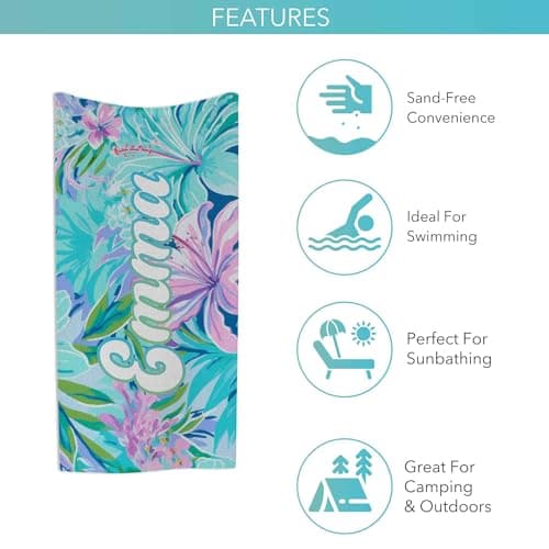 Print Maniacs Custom Name Tropical Towel Personalised Beach Towel Microfibre Large Quick Dry Lightweight Travel Towel Sand Free Holiday Pool Gym Spa Gift for Her — view 4