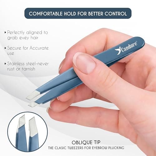 Candure Professional Slanted Tweezers for Men and Women – Precision Stainless Steel Tweezer for Brow, Chin, Facial Hair, Ingrown Hair & Plucking with Leather Pouch (Blue) — view 4