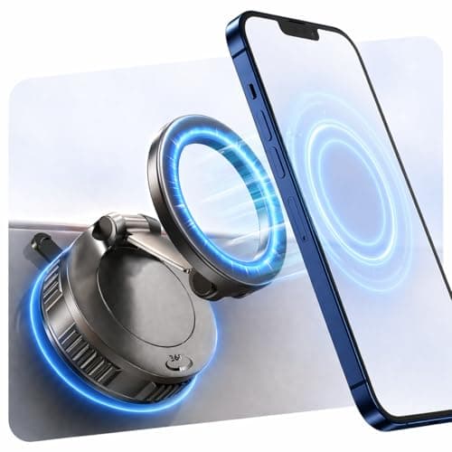 Magnetic Car Phone Holder for MagSafe, Vacuum Suction Cup Car Mount, 360° Rotatable Foldable Dashboard & Windscreen Mobile Holder for iPhone 17/16/15/14/13/12, Samsung & Android, Black