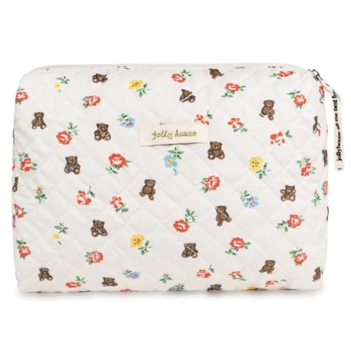 Aucuu Cotton Makeup Bag, Portable Travel Cosmetic Bag, Large Capacity Floral Toiletry Bags, Quilted Wash Bags Organizer for Women Girls