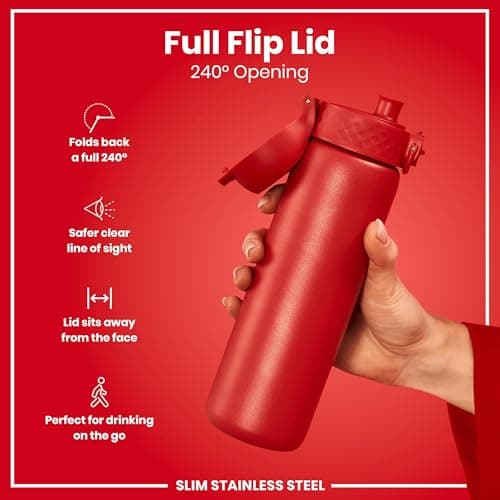 Ion8 Lightweight Steel Water Bottle, 600 ml/20 oz, Non-Insulated, Leak Proof, Easy to Open, Secure Lock, Dishwasher Safe, Flip Cover, Fits Cup Holders, Carry Handle, Metal Water Bottle, Red — view 5