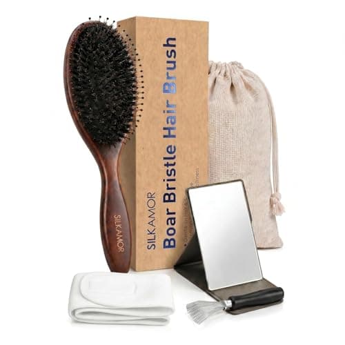 SilkAmor Boar Bristle & Nylon Mixed Hair Brush Set, Wooden Cushion Paddle for Gentle Detangling & Smoother-Looking Hair, Travel Kit with Cleaner, Mirror, Headband & Linen Pouch