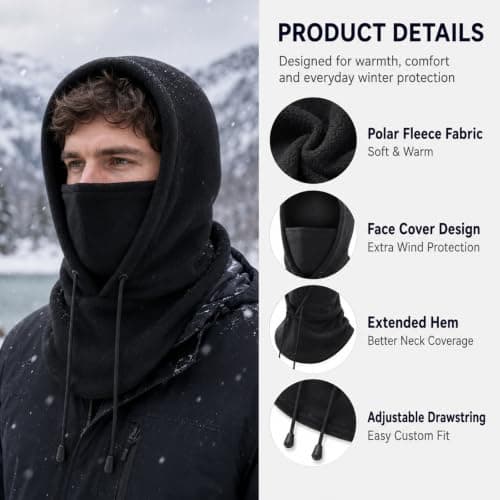 DOINEUFL 2 Pack Balaclava for Men Women, Thermal Fleece Ski Mask with Glasses Hole, Winter Hooded Face Cover with Drawstring for Motorcycle, Cycling, Snowboarding and Running Black — view 5