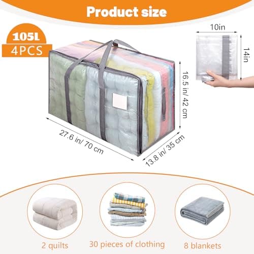 Dntorx 4 Pack 105L Moving Bags Clothes Storage Bags Drom Packing Box, Grey — view 2