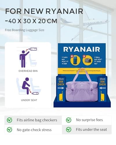 ECOHUB for Ryanair Cabin Bags 40x30x20, 24L Underseat Hand Luggage Bag, Recycled Lightweight Carry On Bag with Charge Hole, Water-Resistant Overnight Hospital Weekend Bag for Women, Lavender — view 2