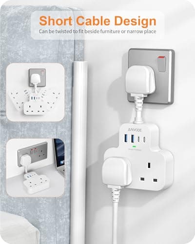 Multi Plug Extension Socket with 4 USB Ports, ANVODE 2 Way Plug Adaptor with Flexible Cable, Short Extension Lead Double Adapter Plug UK for Bedroom, Office, Kitchen. White — view 6