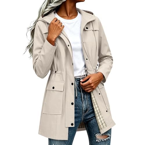 Znwerma water proof jacket women Waterproof Jacket Lightweight for Women Ladies Windbreaker Rain Coats Full Zip Hooded Long Raincoat Casual Hiking Walking Outwear Beige