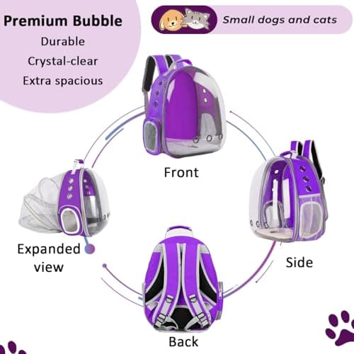 ZHUIYIWIN Cat Carrier Backpack, Expandable Cat Carrier Backpack, Ventilated Cat Bubble Backpack for Pet, Pet Carrier for Travel Hiking Walking Camping (Purple, Rear Extension) — view 5