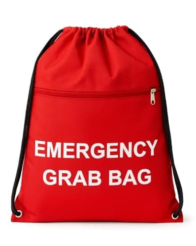 MediCounter Emergency Grab Bag – Water-Resistant Drawstring Emergency Go Bag (42x49cm) with Zip Pocket & Info Tag - Red
