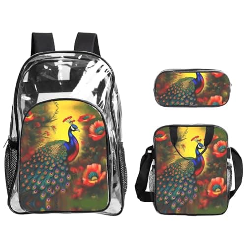WZYCWB Peacock flowers Patterned backpack set (lunch bag and pencil case) | Perfect for school, work, business trips, and travel.