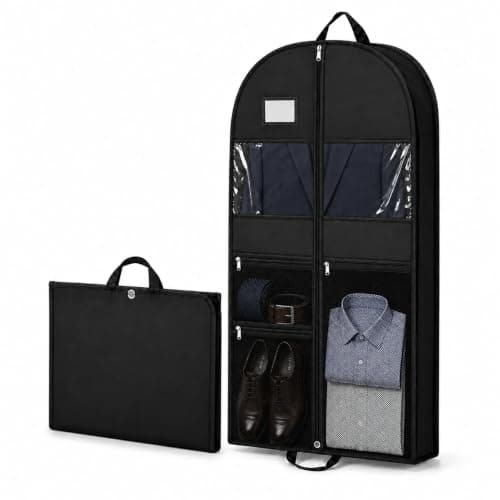 Garment Bag for Travel, 110 x 60 x 10 cm Foldable Suit Bag with Handles, 3 Zipper Mesh Pockets and Clear Window, Suit Carrier for Men and Women, Business Trips and Weddings, Black 1 Pack