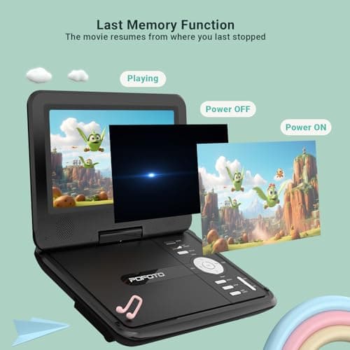 POFOTO 9.5" Portable DVD Player for Kids and Car Travel with 7.5" Rotatable HD Screen, 4-6 Hours Rechargeable Battery, Region Free, Support Multi-Format/USB/SD, Sync TV/Projector, Dual Speakers, Black — view 5