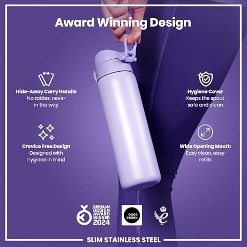 Ion8 Lightweight Steel Water Bottle, 600 ml/20 oz, Non-Insulated, Leak Proof, Easy to Open, Secure Lock, Dishwasher Safe, Flip Cover, Fits Cup Holders, Carry Handle, Metal Water Bottle, Light Purple — view 6