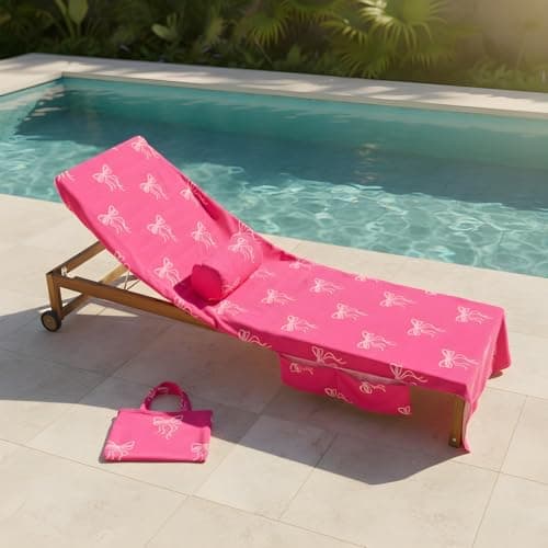 OHS Bow Print Sunbed Towels with Pockets Quick-Dry Absorbent Large Beach Towel in a Bag & Beach Pillow Inflatable Sun Lounger Bolster Pillow Microfibre Travel Summer Holiday Essentials Bundle, Pink — view 5