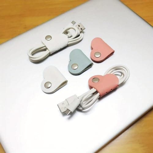 Reusable Cable Tidy Clips Heart Shaped Faux Leather Organisers, 10 Pack Snap Button Cord Holders for Headphones, Charging Cables and USB Wires, Mixed Colours — view 5