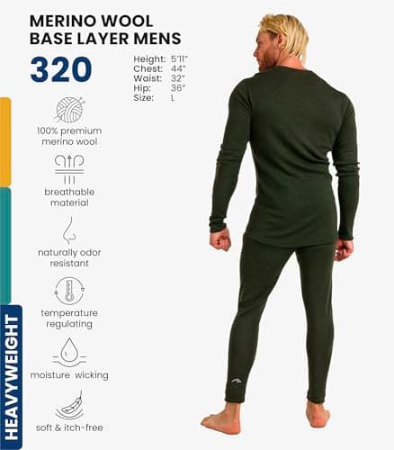 100% Merino Wool Base Layer Men Set - Thermal Underwear Mens + Hiking Socks (Medium, 320 Army Green) — view 2