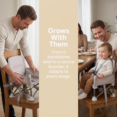 Little Bean Foldable Baby Booster Seat Dining Chair with Detachable Sunshade Travel Portable with Removable Tray for Indoor Outdoor Open Sit Folding Booster Feeding/Camping Chair for Toddler (Beige) — view 4