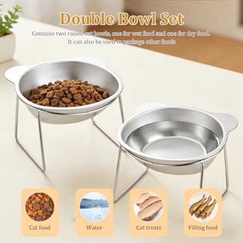 2Pcs Elevated Cat Bowls, 15° Tilted Raised Stainless Steel Cat Food and Water Bowl Set Anti-Vomit Neck Protection Pet Feeding Station for Indoor Cats & Small Dogs, Dishwasher Safe — view 4