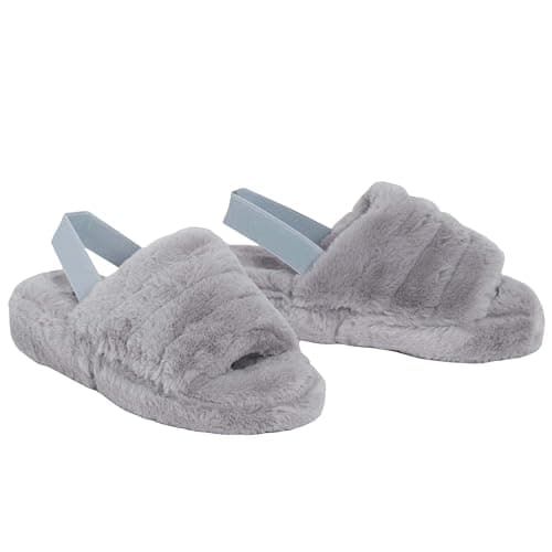 shelikes Womens Sliders Ladies Fluffy Faux Fur Peep Toe Warm Winter Slipper