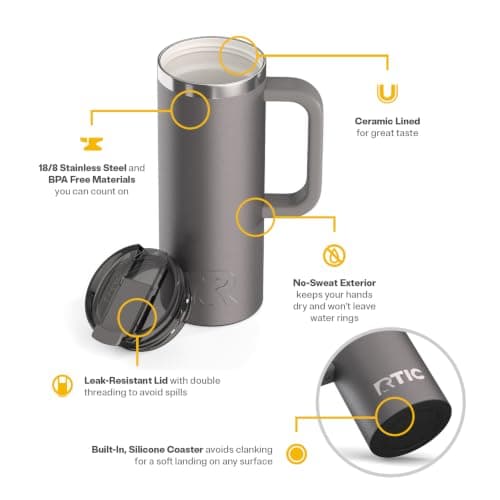RTIC 20oz Road Trip Travel Mug with Lid and Handle, Ceramic Lined, Graphite — view 3