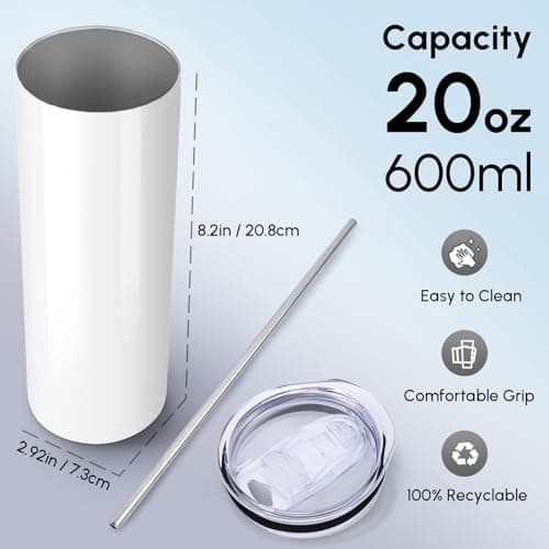Volhoply 8 Pack Skinny Tumblers with Lid and Straw, 600ml (20oz) Stainless Steel Straight Tumbler Bulk, Vacuum Insulated Coffee Mug for Home, Office, Travel, DIY (Sublimation,8 Pack) — view 2