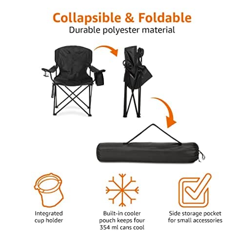 Amazon Basics Comfortable, Heavy Duty, Portable Camping Chair with 4-Can Cooler, Side Pocket, Cup Holder, and Carry Bag, Collapsible for Camping, Fishing, Beach, and Backpacking, XL, Padded, Black — view 6