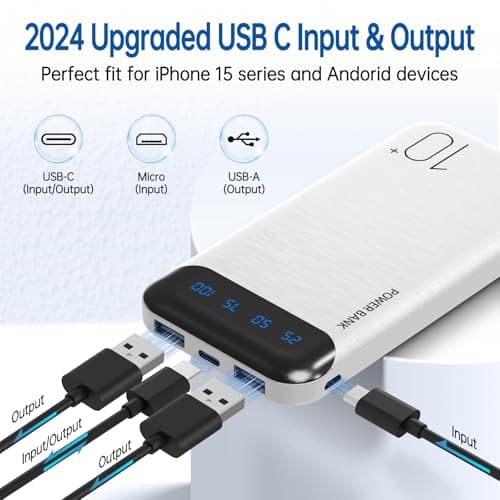 Portable Charger 10000mAh Slim USB C Input and Output Power Bank with LED Display Lightweight External Battery Pack Compatible for iPhone 14/13/12, iPad, Samsung etc. (white) — view 2