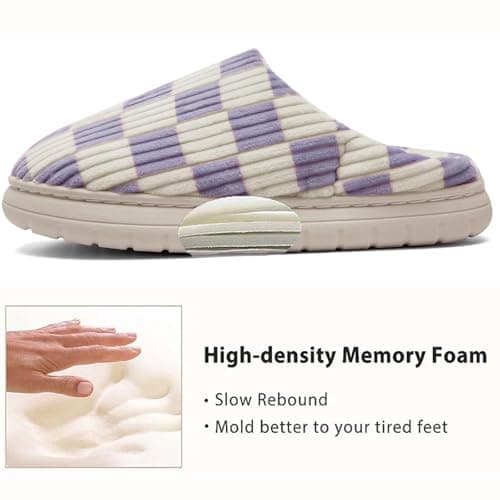 Waysoland House Slippers Women Men,Fuzzy Ladies Memory Foam Checkered Slip on Anti-Skid Sole Bedroom Cloud Slippers Indoor Outdoor(Purple,6/7 UK) — view 3
