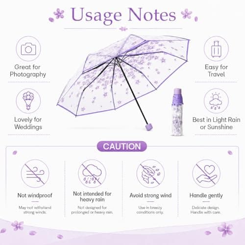 VIPOPICO Clear Umbrella for Women – Manual Open/Close Foldable Compact Travel Umbrella with Frosted Handle | Transparent See-Through Dome | Ideal for Weddings, Bridal Events & Daily Use(1, Purple) — view 4