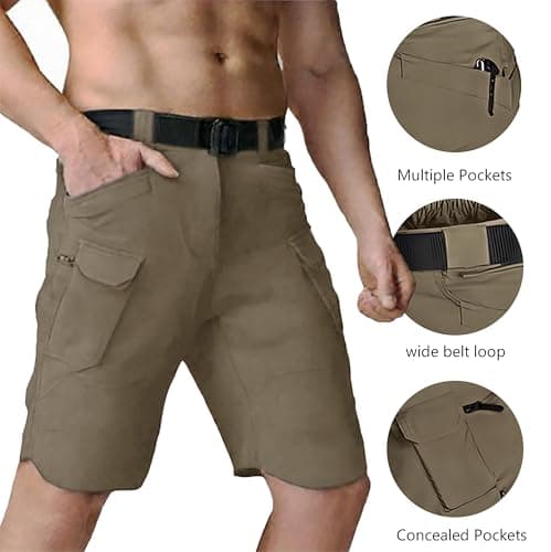 JUSOFTY Cargo Shorts for Men Waterproof Stretch Multi Pockets Quick-Dry Outdoor Running Athletic Mens Cargo Shorts No Belt Khaki — view 4