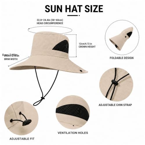 newhsy Wide Brim Sun Hat Mens UPF50 Breathable Mesh Foldable Bucket Safari Hat for Fishing Hiking Travel (Khaki) — view 4