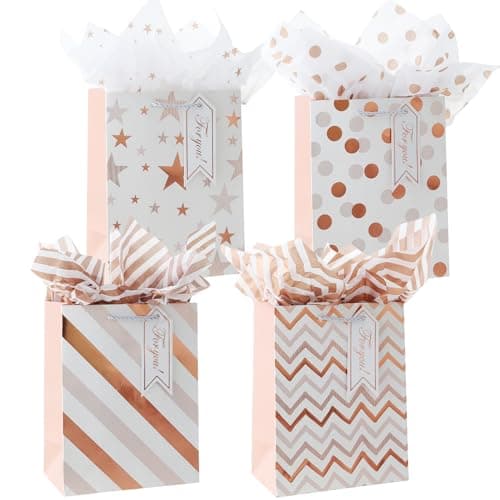 4Pack Medium Gift Bags with Tissue Paper,Rose Gold,4 Design,18 x 23 x 10CM