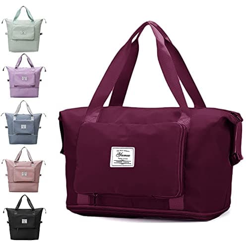 Large Capacity Folding Travel Bag - Lightweight Waterproof Carry On Luggage with Fixed Strap, Dry & Wet Separation - Foldable Travel Duffel for Sports & Gym (Wine Red)