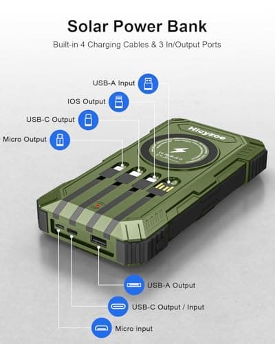 Solar Power Bank, 26800mAh Power Bank with 4 Built-in Cables, Portable Charger with USB-C Fast Charging, Qi Wireless Charging with LED Flashlights, for Cell Phones, Tablets, and Camping — view 3
