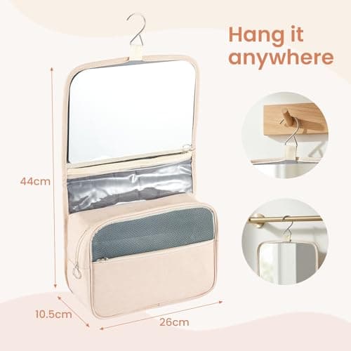 SUNNYNEST Unisex Travel Makeup Bag with Mirror – Foldable Hanging Toiletry Bag, Vanity Case & Makeup Organiser for Business Trips, Camping, Fitness & Weekend Getaways (Khaki) — view 2