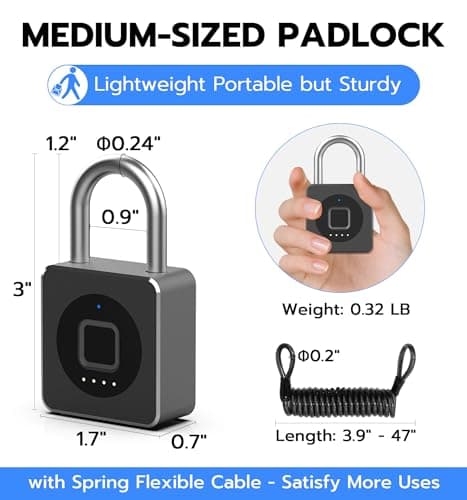 eLinkSmart Fingerprint Gym Locker Lock, Keyless Biometric Padlock, Weatherproof Electronic Digital Smart Combo Pad Lock for Outdoor Fence Gate Storage Helmet Ski Pool Shed (Black, with Cable) — view 6
