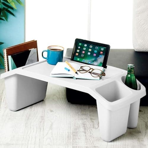 Portable Lap Tray - Multipurpose Laptop Desk TV Tray with Storage Compartments - Lightweight Bed Table for Breakfast & Dinner - Durable Plastic Activity Table for Kids - White — view 2