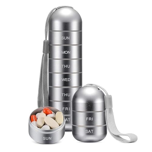 Metal Pill Organizer Weekly,Stackable Waterproof Travel Pill Box,Travel Hiking 7 Day Pill Box Case,Date Display,Large Compartment to Hold Pills, Vitamins,Fish Oil, Supplements (Dark Grey)