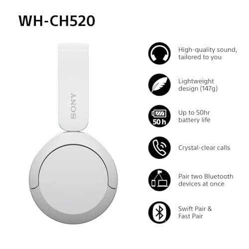 Sony WH-CH520 Wireless Bluetooth On-Ear Headphones, Lightweight Design, Up to 50hr Battery Life, Quick Charge, EQ, Clear Call Quality, iOS & Android - White — view 2