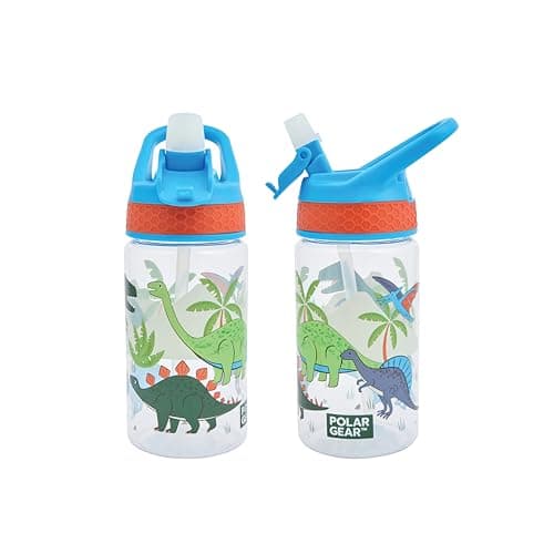 Polar Gear 430ml Kids Bottle with Easy Open Flip Cap - BPA Free, Spill-Proof Soft Spout, Secure Screw Cap Closure, Suitable for Ages 48 Months and Up - Dinosaur, Blue