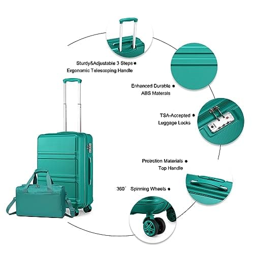 Kono Luggage Sets of 2 Piece Lightweight 52x38x21cm ABS+PC Hard Shell Travel Carry on Suitcase with TSA Combination Lock + Ryanair 40x20x25cm Cabin Bag (Turquoise, 20 Inch Luggage Set) — view 3