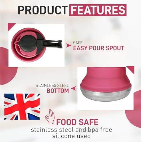 Heather UK Collapsible Kettle Camping Foldable Camping Kettles 1.5L Silicone and Aluminium Gas Stove Top Folding Portable Travel Kettle for Holiday Caravan Large Pink — view 4