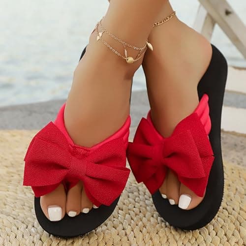 Flower Flip Flops Women Beach Slippers Size 5 Boho Open Toe Slip on Flat Sandals Summer Comfortable Yoga Mat Thong Sandals for Pool, Travel Vacation Slippers Bow Red Footwear Gift — view 2