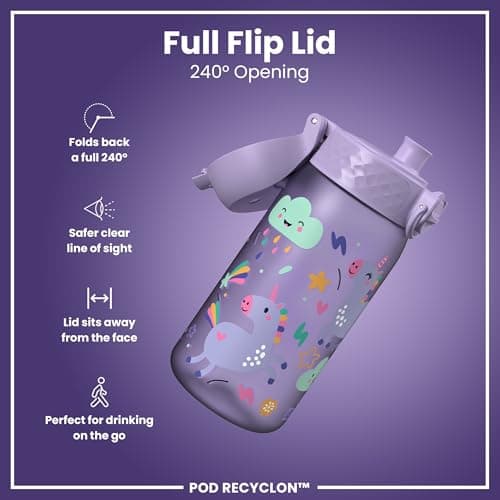 Ion8 Kids Water Bottles, BPA Free, Leakproof, Dishwasher Safe, Easy Open, Secure Lock, Small Boys & Girls Water Bottle,Kids Drinks Bottle for Spill-free Drinking, Purple, Unicorns, 350ml/12oz — view 4