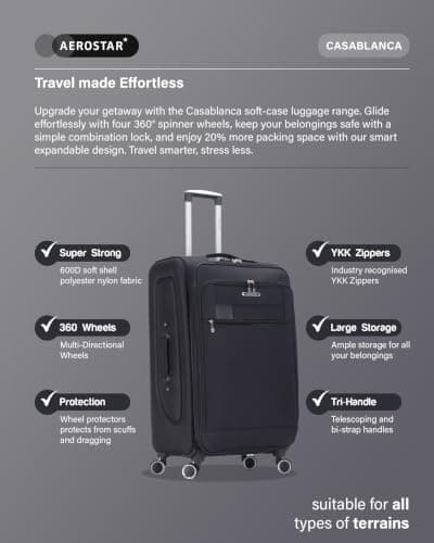 Aerostar Medium 26” Lightweight Softshell Expandable Suitcase, Integrated Combination Lock, 4 Wheels Check in Luggage for 15 to 20kg (Black, 77 litres) — view 2
