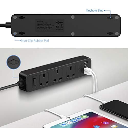 JSVER Extension Lead with 4 USB Ports Desktop Power Strip Smart Charging Station 3 Outlets USB Power Socket for Home Travel, Black — view 6